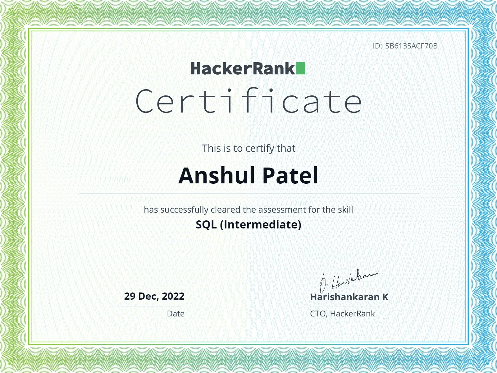 HackeRank Certification : Structured Query Language (SQL-Intermediate)