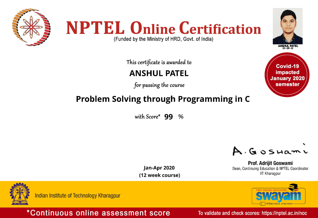 NPTEL Certification : Problem Solving Through Programming in C