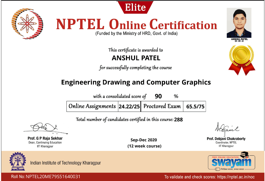 NPTEL Certification : Engineering Drawing And Computer Graphics